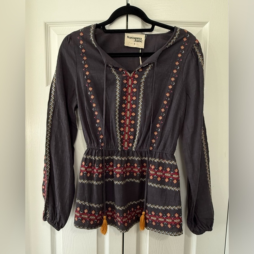 Savanna Jane Black Embroidered Peasant Blouse with Red and Gold Accents